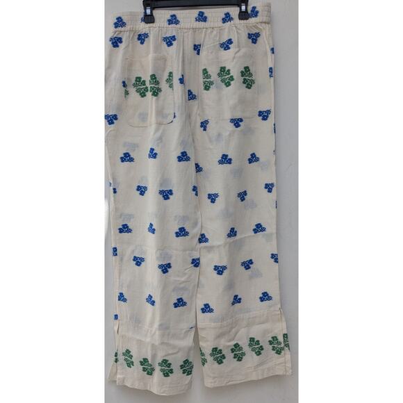 Zara Women's Pants Wide Leg Embroidered Flowers Cream Green/Blue Size Large - Picture 12 of 13
